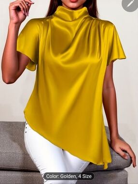 Golden Mock Neck Asymmetric Satin Top - Women